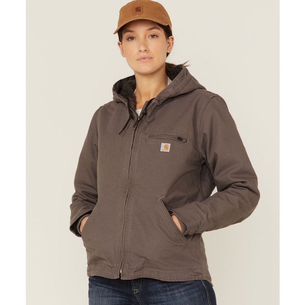 Carhartt Womens Taupe Washed Duck Sherpa-Lined jacket size medium